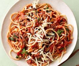 Bucatini with Baby Spinach, Mushrooms, and Fontina Ingredients (Makes 6 servings) 1 pound bucatini (or spaghetti) 2 tablespoons olive oil 1 pound sliced mushrooms 1 sliced medium onion 4 cloves