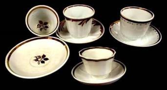 Copper Lustre Handleless Cups and Saucers: Fanfare Tobacco,