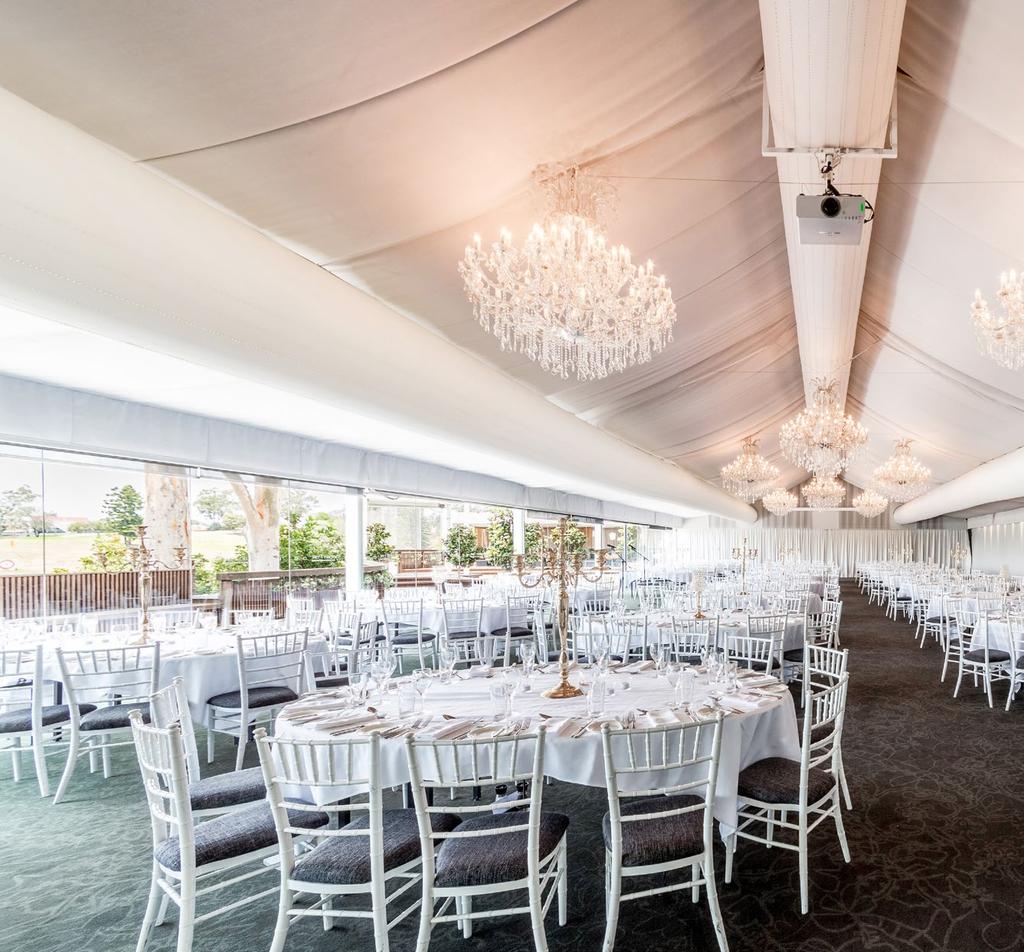 The Marquee Sparkling chandeliers and city views Eight crystal chandeliers Floor to ceiling windows Large wooden al fresco deck overlooking the city skyline with four lounge booths and a covered
