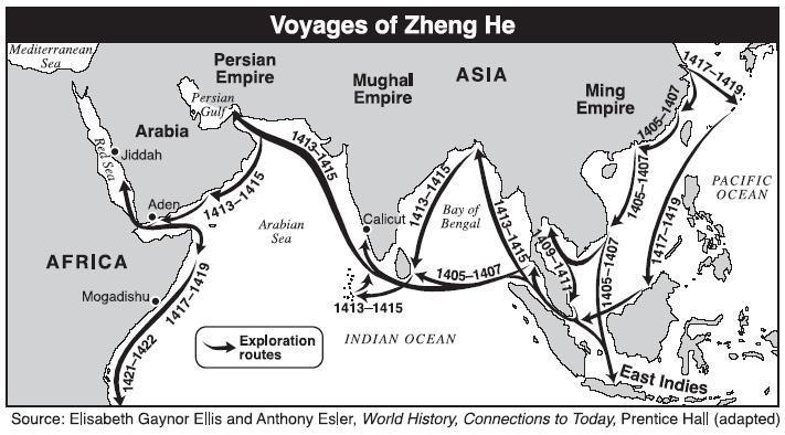 -Zheng He and his crew sailed along the Indian Ocean and explored the coast of Asia, India, Persia, the Arabian Peninsula, and Africa -he brought back exotic animals, such as giraffes and zebras, for