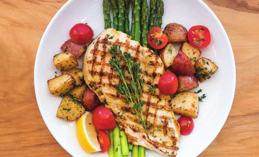 BREAST Grilled chicken breast served with lemon garlic herb oil, garlic mashed potatoes, roasted asparagus and cherry tomatoes HS SOUTHWEST GRILL (SUB CHICKEN BELOW) Chipotle grilled chicken breast,