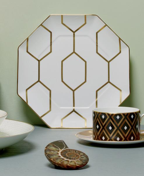 Arris Distinctive graphic prints adorn the crisp contours of fine bone china for sophisticated dining.