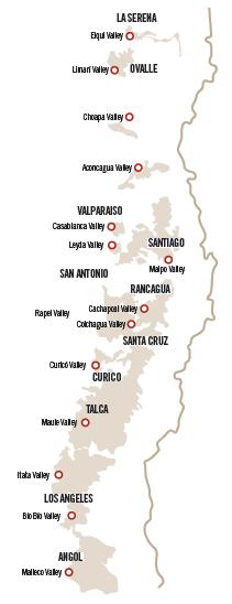 Chile s Wine Regions We make our wines from across Chile s diverse regions and valleys from northern Elqui to southern Maule, from Coastal Leyda