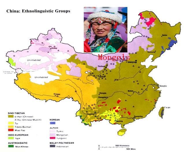 Distribution of ethnic groups (Cont.) The Mongol population in China is over twice that of the independent nation of Mongolia. Most of them live in Inner Mongolia.