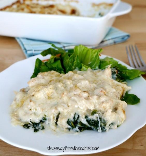 CRAB FLORENTINE BAKE Serves 2 10oz box of frozen spinach 2 tbs butter 1 tbs flour ½ tsp minced garlic ½ cup heavy cream ½ cup water 2 tbs white wine 2 tbs Parmesan (shredded) 8 oz crab meat salt and
