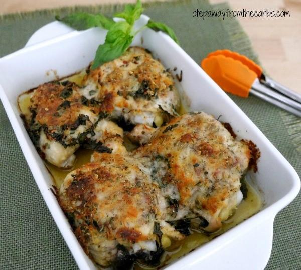 ITALIAN BAKED CHICKEN THIGHS Serves 2 ½ cup shredded Italian cheese 1 tsp dried oregano ¼ cup fresh basil leaves (finely chopped) 1 tsp onion powder black pepper 2 tbs unsalted butter (melted) 4
