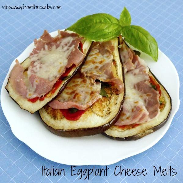 EGGPLANT CHEESE MELTS Serves 2 1 medium eggplant olive oil spray 1 tbs tomato paste 10-12 fresh basil leaves 4 slices prosciutto ¼ cup shredded cheese Slice the eggplant and lay the slices on a