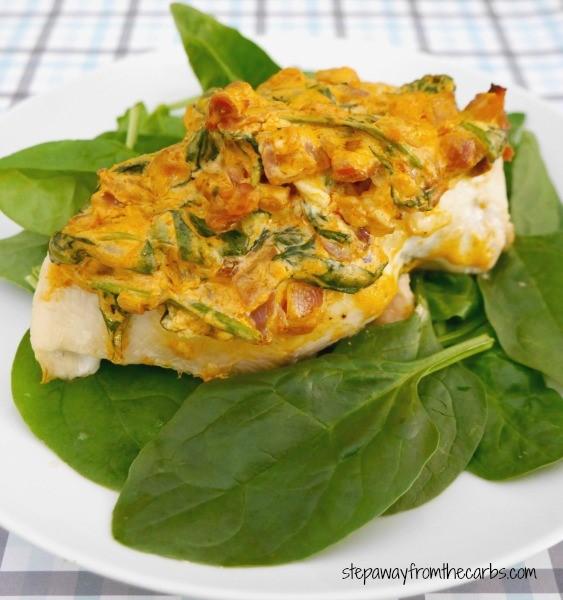 CHICKEN BREASTS WITH SPINACH AND PROSCIUTTO Serves 2 2 chicken breasts (skin removed) 1 tbs olive oil ½ red onion, chopped ½ tsp paprika 2 cups baby spinach ½ cup cream cheese 2 medium slices