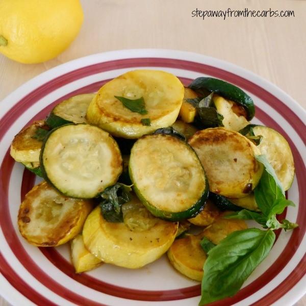 SAUTÉED SQUASH WITH LEMON AND BASIL Serves 2 1 zucchini (sliced) 1 yellow squash (sliced) 1 tbs olive oil ½ lemon (juice only) 6-8 fresh basil leaves (torn) salt and pepper Add the olive oil to a