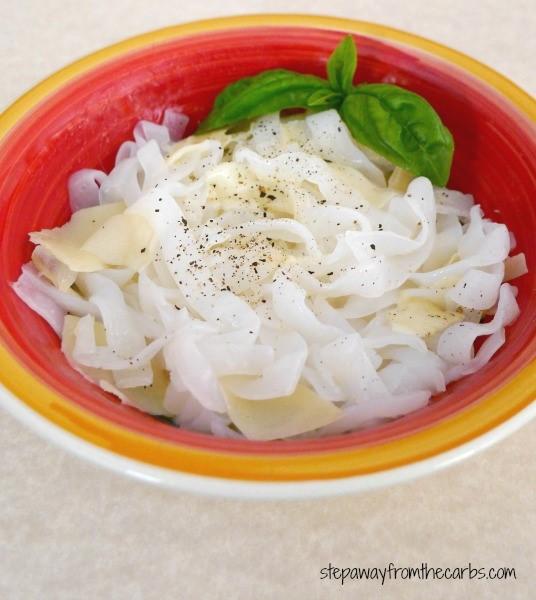 BUTTERY ZERO CARB NOODLES Serves 1 7oz pack of Fettucine Miracle Noodles (or similar zero carb brand) 1-2 tbs unsalted butter Parmesan (shaved or shredded) black pepper Drain and rinse the noodles in