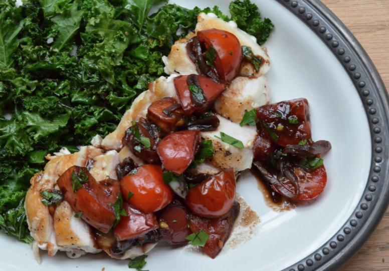 Chicken Breasts with Tomato Balsamic Sauce 4 (6-ounce) chicken breasts 2 shallots, thinly sliced 1 clove garlic, smashed ¼ cup balsamic vinegar 2 cups cherry tomatoes, quartered (or chopped fresh