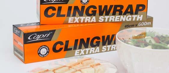 WRAPS CLINGWRAPS CLINGWRAP EXTRA STRENGTH Capri Extra Strength Clingwrap is made to the highest Food Grade PVC specification and ISO standards and is manufactured in Australia for coercial food