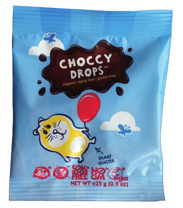 Choccy Drops (100010) DESCRIPTION: A snack sized bag of drops made from a blend of cocoa, sugar and rice. Dairy free, lactose free, gluten free, wheat free, casein free, soya & natural flavouring.