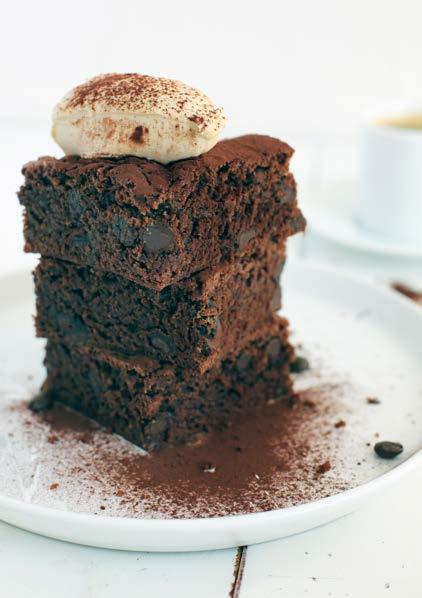 Chocolate espresso brownies 50 mins Makes 9 250 gm unsalted butter, chopped 250 gm dark chocolate chips, plus 1 cup extra 1 cup (220 gm) caster sugar ½ cup (100 gm) brown sugar 4 eggs 1 tbsp vanilla