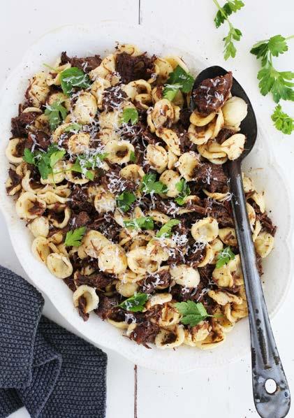 Braised beef cheeks with orecchiette 20 mins 4 hours Makes 6 3 beef cheeks 2 tbsp olive oil, divided 2 onions, finely chopped 1 stick celery, finely chopped 1 carrot, finely chopped 3 cloves garlic,