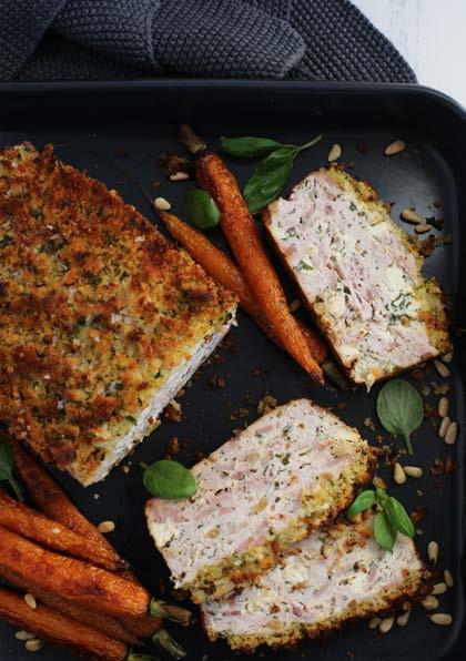 Chicken & bacon meatloaf with crunchy sourdough topping 60 mins Serves 4-6 1 tbsp olive oil 2 rashers bacon, finely diced 1 brown onion, finely diced 1 clove garlic, minced 1 kg chicken mince 250 gm