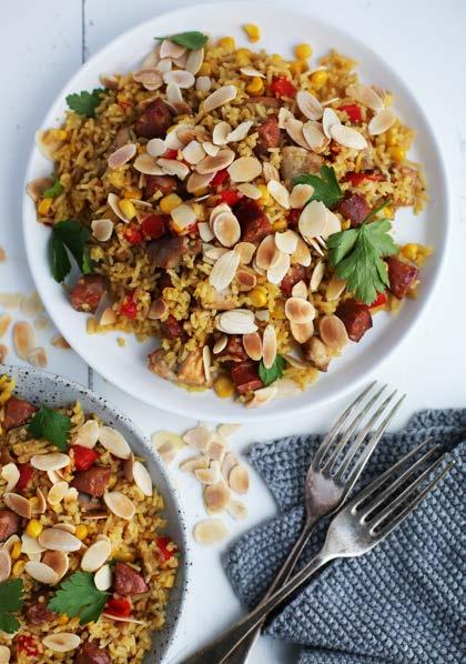 Chicken & chorizo pilaf 30 mins Serves 6 1 tbsp olive oil 3 skinless chicken thigh fillets, cubed Pinch of saffron 1 onion, finely diced 2 chorizo sausages, diced 1 red capsicum, diced 1 clove