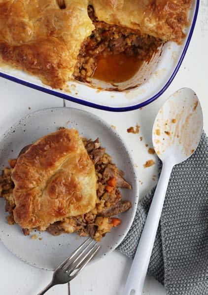 Lamb shank pie with pearl barley 4 hours Serves 6 6 lamb shanks, frenched 1 tbsp olive oil 1 onion, finely diced 2 carrots, finely diced 1 stick celery, finely diced 3 parsnips, finely diced 2 cloves