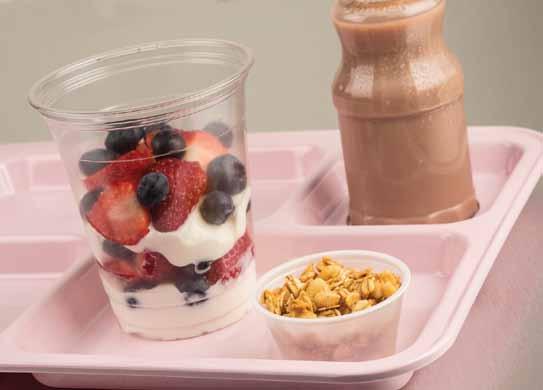 Breakfast Berry Parfait Strawberries and blueberries 1 1/2 gal + 1 cup 3 gal + 2 cups 1. Use 12 oz plastic parfait cup with cereal insert (or soufflé cup) and lid. 2. Spoon one #16 scoop or 2 oz yogurt into cup.