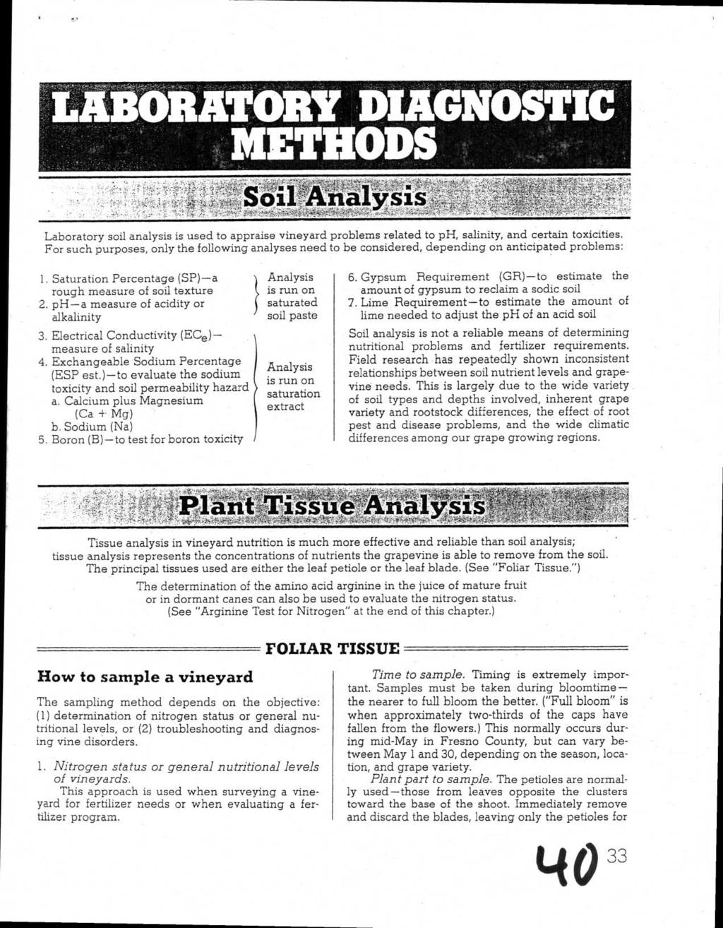 RY DLAGNOSTIC METHODS. Laboratory soil analysis is used to appraise vineyard problems related to ph, salinity, and certain toxicities.