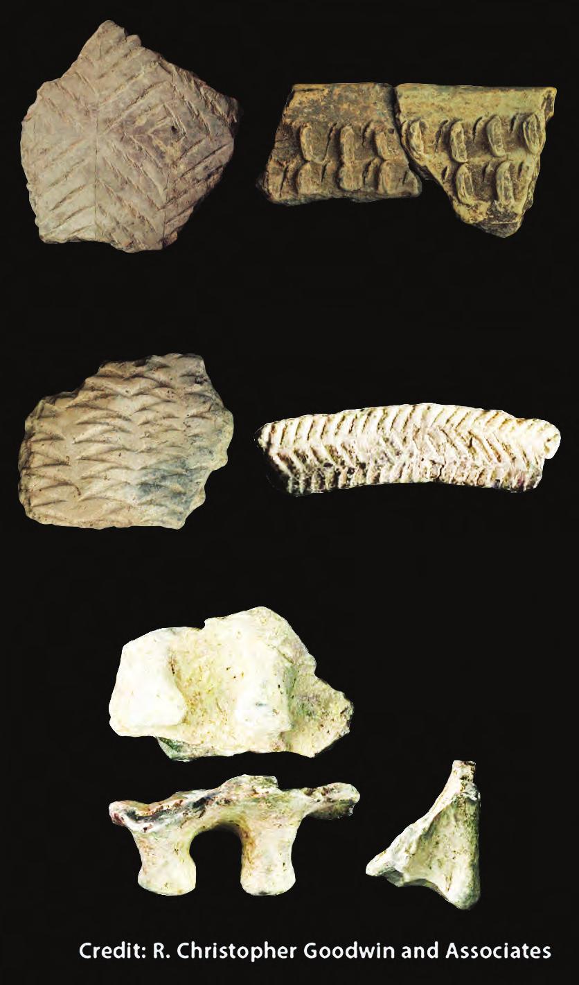 (Top left) Sometimes the pottery maker pressed a piece of cord into the clay to create a line. (Top right) At times, the pottery maker pinched the clay between two fingers to make designs.