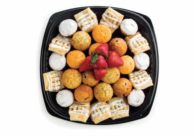 99 6 mini cinnamon rolls, 12 mini muffins (1 combo pack) with blueberry, lemon poppyseed, and orange, 9 apple strudel bites, 5 strawberries for garnish Tuscan