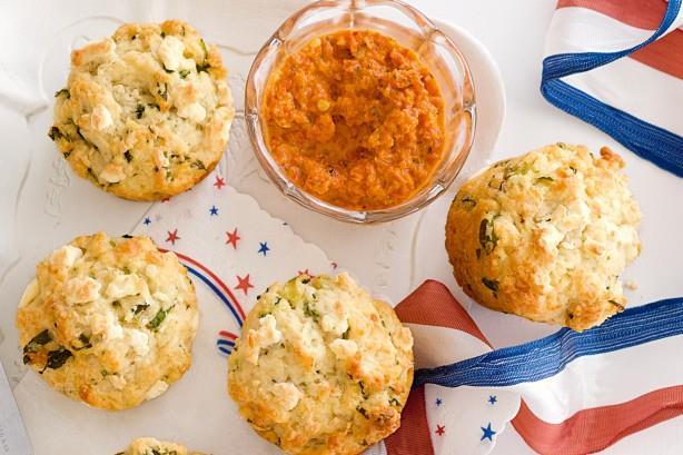 16. Three-Cheese Muffins Ingredients: 2.5 cups self-rising flour 1 tbsp granulated sugar 1/3 cup chopped fresh basil 2 chopped spring onions 3/4 cup milk 1 lightly beaten egg 0.