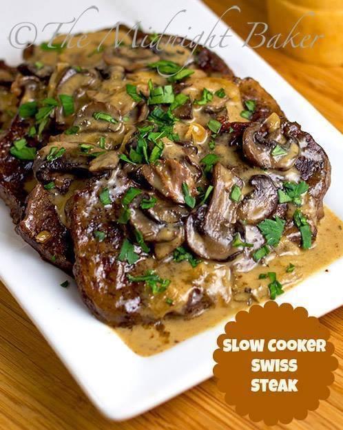 Slow Cooker Swiss Steak 6 medium beef blade steaks 8 oz fresh mushrooms, thinly sliced 1 medium onion, sliced 1 tbs fresh thyme, minced 1 1/2 tsp sweet paprika 3/4 cup chicken stock 1/4 cup dry