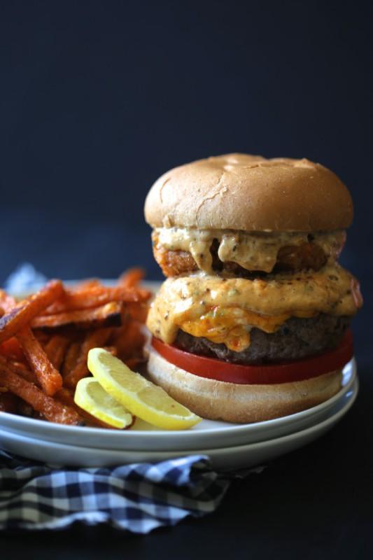 Surf n Turf Pimento Burger with Cajun Remoulade Yield: Serves 2 to 4 Prep Time: 20 minutes Cook Time: 30 minutes Ingredients: for the crab cakes: 1/3 cup panko 2 tablespoons green onions, minced 1