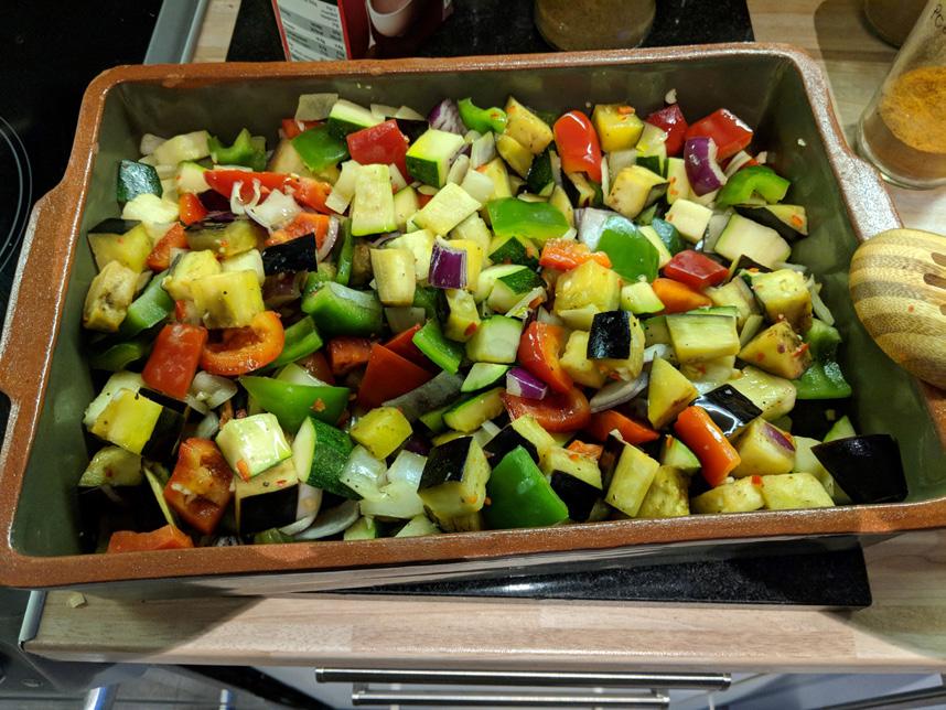 Baked Sweet Potato Sinead Garry 2 medium or 1 large sweet potato 1 aubergine 1 courgette 1 large onion 1 large or 2 medium peppers 200g block of feta Olive oil 3-4 cloves of garlic 1-2 fresh chillies