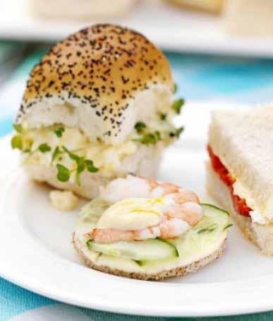Summer Sandwiches Goat s cheese, walnut & roasted pepper (makes 20) 200g soft goat s cheese 100g cream cheese 10 slices white bread 2 roasted red pepper 25g walnut Lemony cucumber & prawn (makes 12)