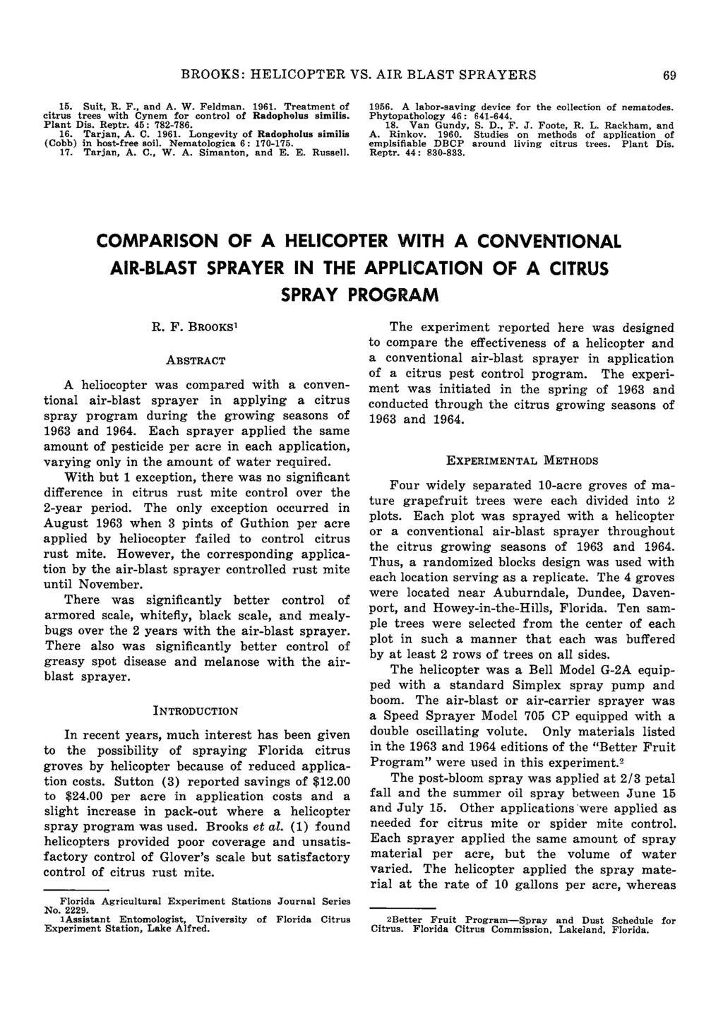 BROOKS: HELICOPTER VS. AIR BLAST SPRAYERS 69 5. Suit, R. F., and A. W. Feldman. 96. Treatment of citrus trees with Cynem for control of Radopholus similis. Plant Dis. Reptr. 45: 782-786. 6. Tarjan, A.