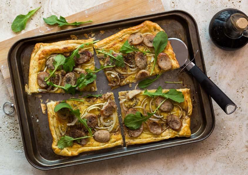 GOLD MEDAL Sausage, Onion & Mustard Tart WATCH VIDEO MIXED 30 375 g Eskort Gold Medal Pork Sausages 30 ml olive oil 1 roll puff pastry, thawed 15 ml flour, for dusting 1 egg, beaten 1 onion, sliced