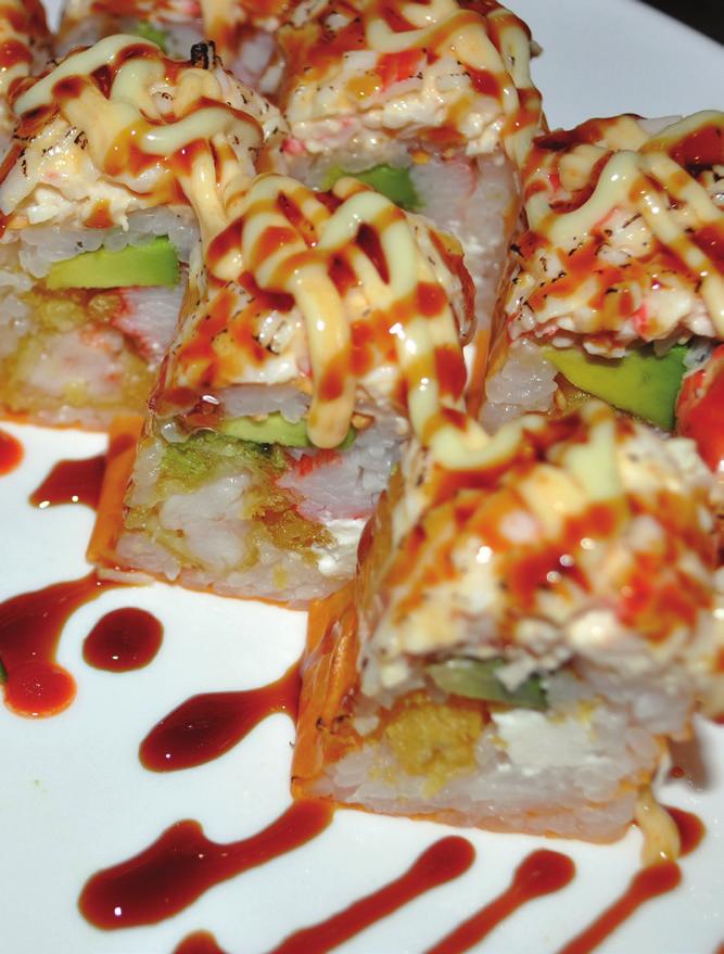 5 eel and cucumber topped with avocado and eclipse roll 9 tempura shrimp, avocado, cucumber rolled and topped with spicy crab mix and sprinkled with tempura flakes topped with clemson roll 10.