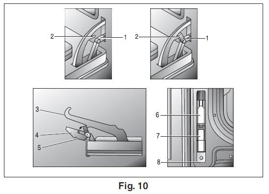 To replace the oven door (see Fig. 10): 1. Insert the upper arms (3) of both hinges into the upper slots (6) and the lower arms (4) into the lower slots (7).