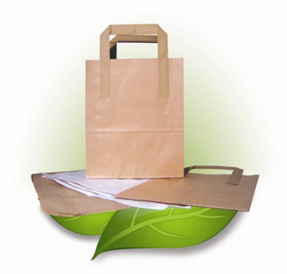 Eco Paper Bags Kraft and white strung paper flat bags and kraft SOS paper carrier bags. Bags made from recycled papers. Recyclable and biodegradable. Flat Paper Bags 198 8.