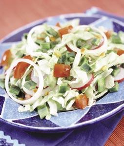 4 cups shredded green cabbage 2 fresh cactus leaves, cleaned and finely chopped (about 1 cup) 4 thin slices white onion 4 radishes, thinly sliced 1 large tomato, chopped 1 serrano chili,
