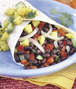2 green or red bell peppers, seeded and chopped 1 onion, peeled and sliced 1 (15-ounce) can 50% less salt/ sodium black beans, drained and rinsed 2 mangos, chopped