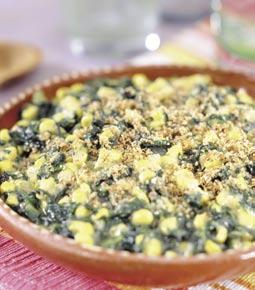 Spinach Corn Casserole 1 (16-ounce) package chopped frozen spinach ½ cup minced white onion 2 (14¾-ounce) cans creamed corn 1 tablespoon margarine 2 teaspoons vinegar 1