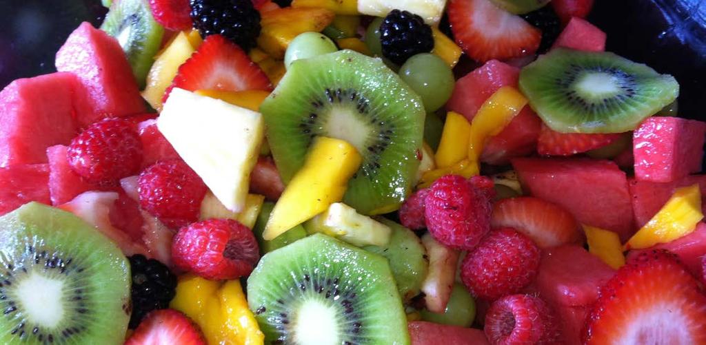 SALADS, SAUCES, & STUFFING Patricia s Fruit Salad Total Time: 20 Minutes Serves: 6 Salad: 1/3 cantaloupe, cut into 3/4-inch chunks (about 2 cups) 1 (16 ounce) container strawberries, quartered (about