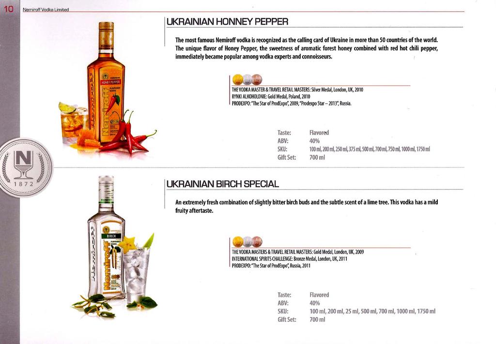 1 (:) Nemiroff Vodka Limited UKRAINIAN HONNEY PEPPER The most famous Nemiroff vodka is recognized as the calling card of Ukraine in more than 50 countries of the world.