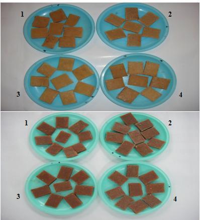 Plate 1 Sardar (above) and Lalith (down) guava leather after 90 days storage 1-2 at ambient temperature (25±2 C) and 3-4, at refrigerator temperature (5± 2 C) Results and Discussion Physio-chemical