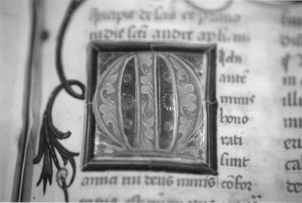 Smolik, M. Latinski rokopisni misal Slika 6: Detajl iniciale M f. 40r pričujejo tudi najnovejši misali za maše ob papeževih obiskih, škofovskih posvečenjih in novih mašah.
