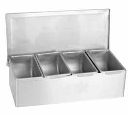 4 COMPARTMENT BAR CADDIES WITH COVER Single-piece base 4 compartments bar caddies with cover. Sturdy and easy to clean. PLBC004P PLBC004P 18" x 5" x 3" Single-Piece Base 4 Compartments EACH 43.