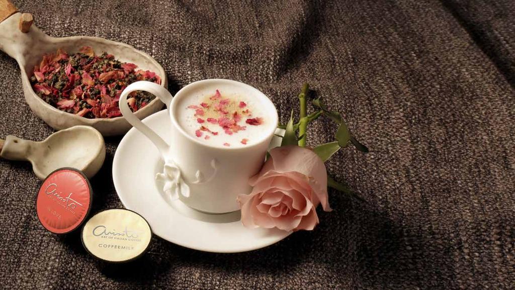 BY IN LOVE Drop a rose tea sachet into the water tank then brew 1 coffee capsule and 1 milk