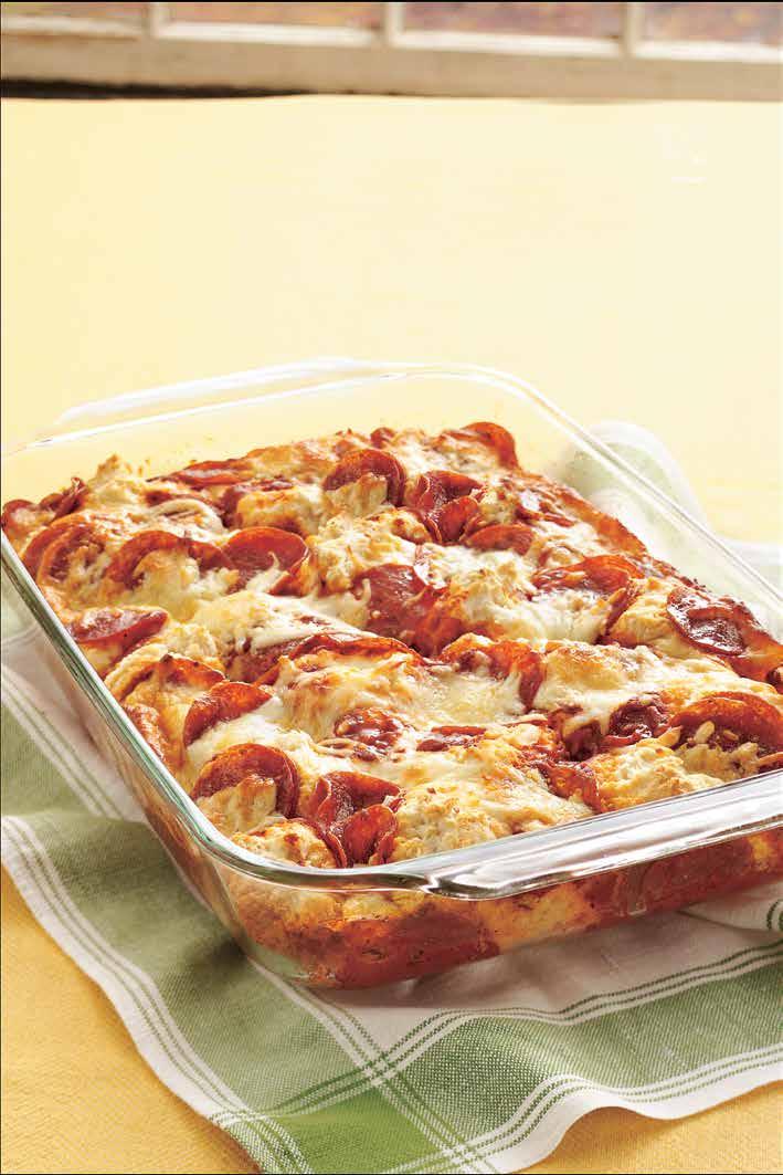 COZY CASSEROLES pouches (7.5 oz each) Bisquick Complete buttermilk biscuit mix cup water jar ( oz) pizza sauce package (8 oz) sliced pepperoni cups shredded mozzarella cheese (8 oz) Heat oven to 75 F.