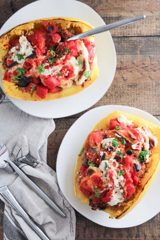 Spaghetti Squash Lasagna Boats Serves 2-4 // 30 minutes 4Ingredients: Lasagna: 1 spaghetti squash, halved and seeded 1 cup canned diced tomatoes Walnut filling: 2 cups walnuts 1 cup canned diced