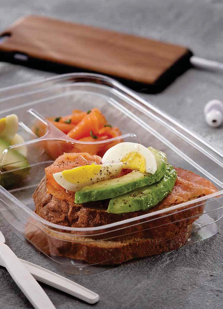 3-Compartment 8 x 6 PET Shallow Bento Box w/ Lid sku# 184623B300, 584620B300 300/cs Mobile Snacking Assorted 3-compartment option ideal for snacking variety Maintain