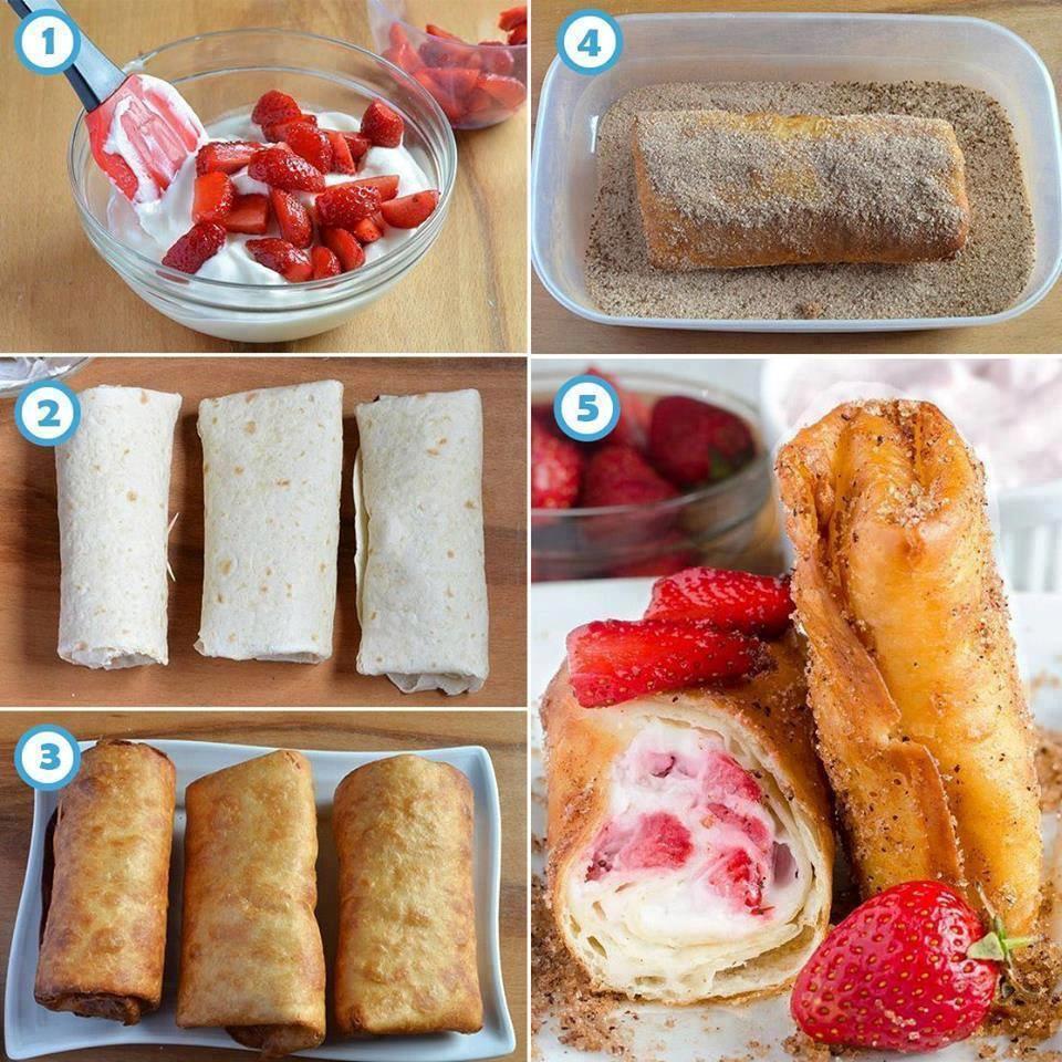 Strawberry Cheesecake Chimichangas 6 (8-inch) soft flour tortillas 8 oz cream cheese room temperature 2 T sour cream 1 T sugar 1 t vanilla extract 3/4 C sliced strawberries Vegetable oil-for frying