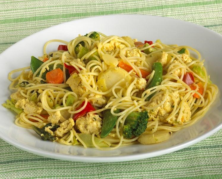 Chicken Curry Skillet with Stir-Fry Veggies and Noodles Ingredients 12 oz. packaged, whole-wheat angel hair or capellini pasta non-stick cooking spray 1 cup washed, fresh basil OR 2 tsp.